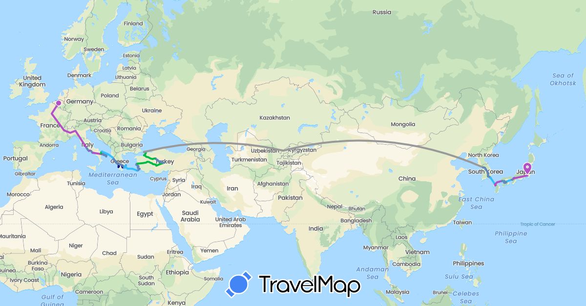 TravelMap itinerary: driving, bus, plane, cycling, train, boat in Belgium, Greece, Italy, Japan, South Korea, Turkey, Uzbekistan (Asia, Europe)
