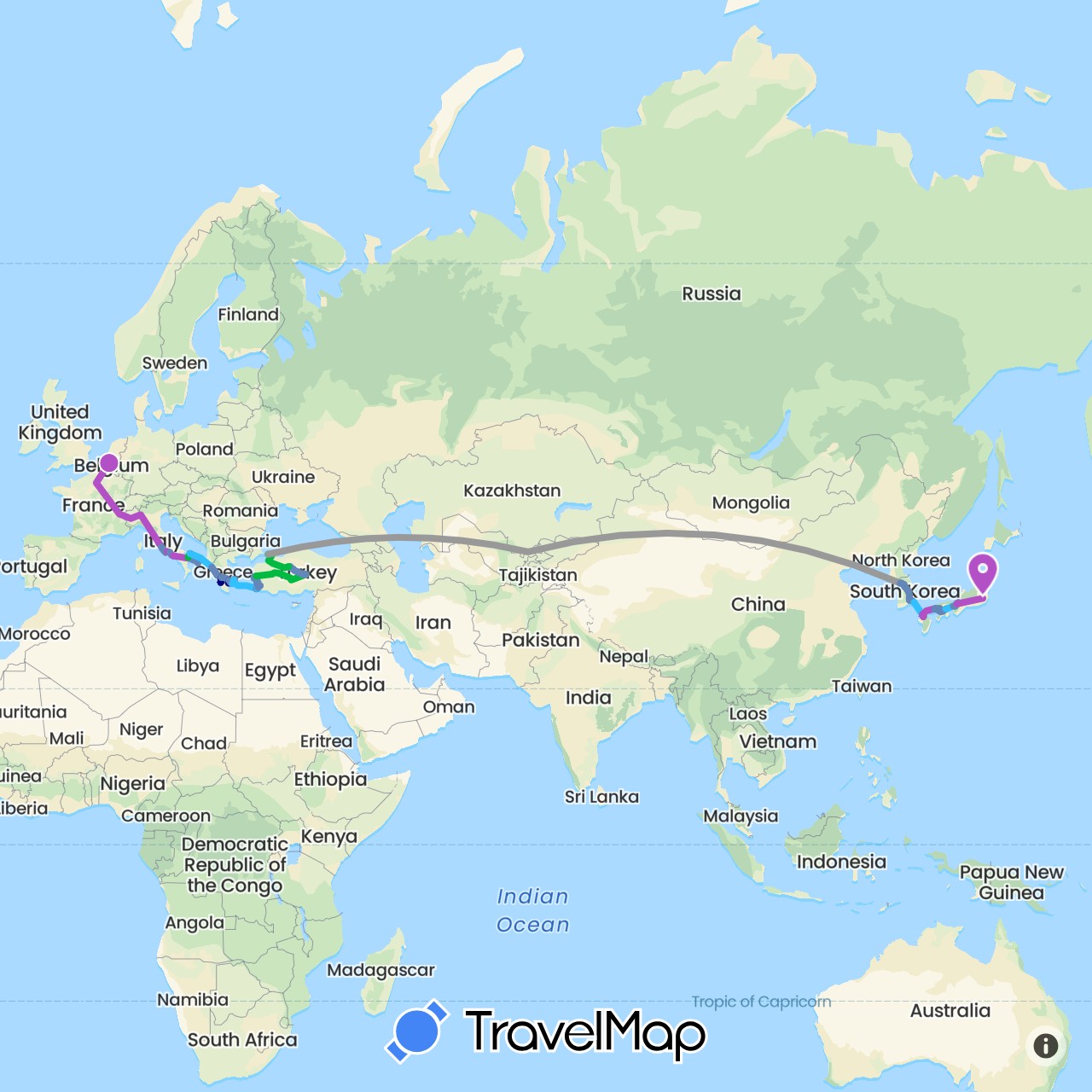 TravelMap itinerary: driving, bus, plane, cycling, train, boat in Belgium, Greece, Italy, Japan, South Korea, Turkey, Uzbekistan (Asia, Europe)